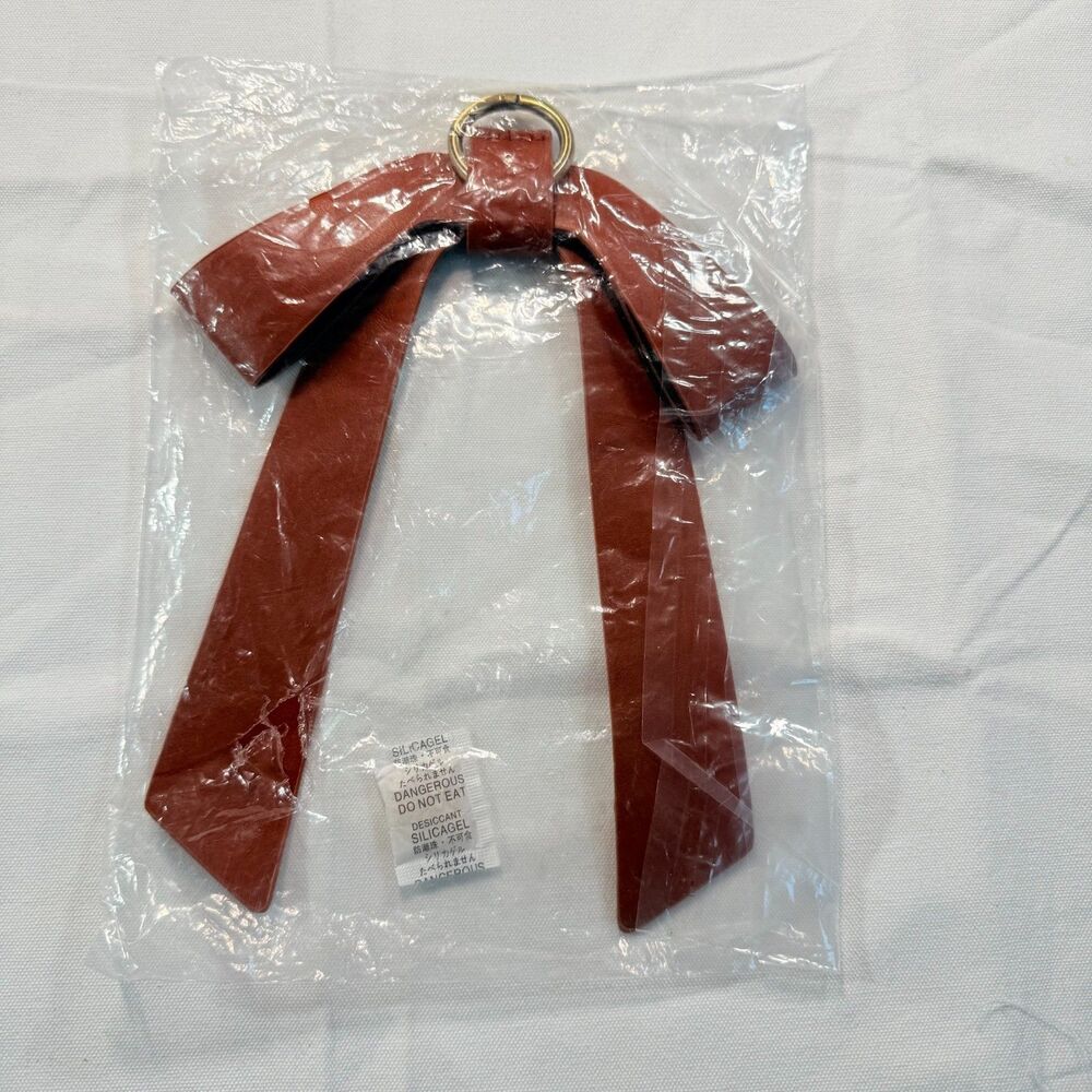 Cognac Brown Leather Bow Bag Charm Key Ring Oversized Ribbon Purse Accessory NWT